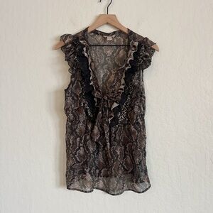Vintage Y2K Jonathan Martin Ruffle V-Neck Bow Tie Babydoll Top Large Snake Print